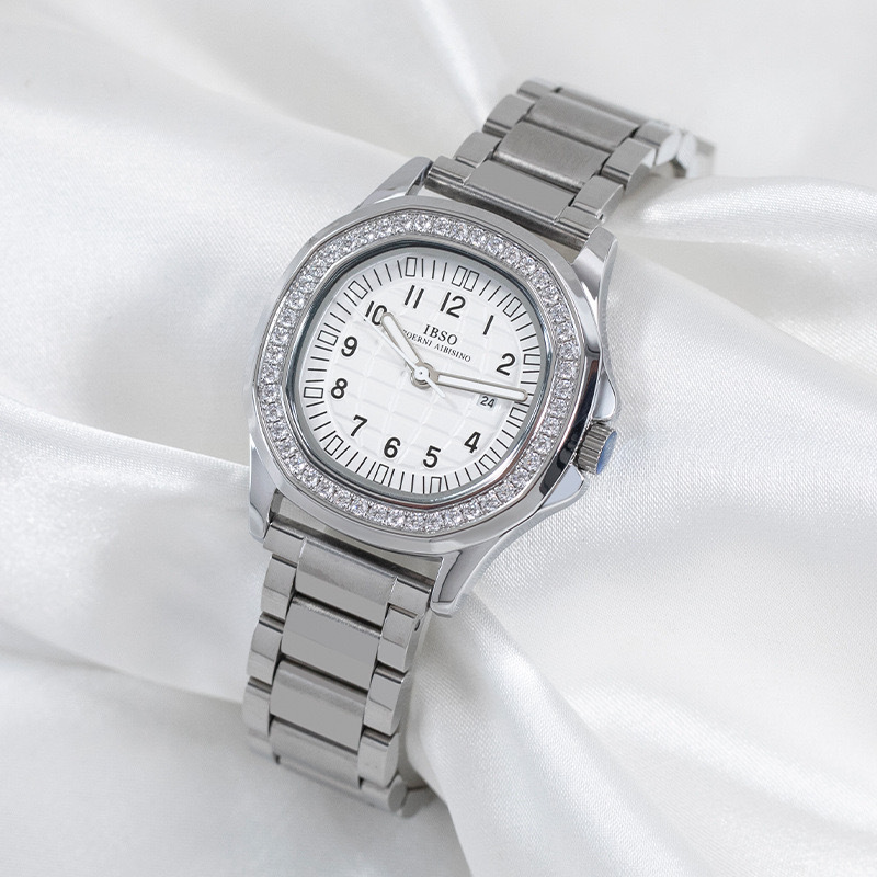 ibso爱彼思诺小红书抖音轻奢镶钻方形女士带日历防水新款钢带女表