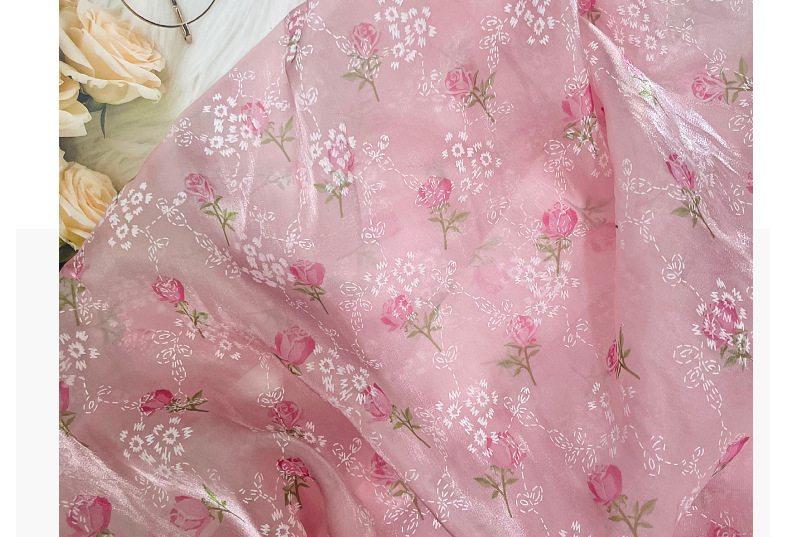 百合缎欧根纱印花面料 亮丝闪光缎面欧根纱玫瑰印花布料 童装软纱详情8