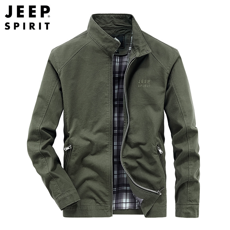 jeep spirit正品男装春秋立领夹克纯棉宽松工装中年男外套hl7203