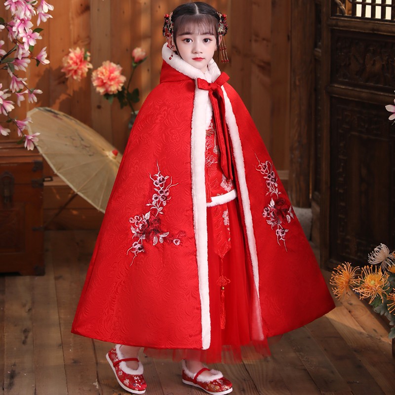 Children's Shawl Cloak Baby Going out Windproof Hood Coat Girls' Fleece-Lined Hanfu Cloak Chinese Style Autumn and Winter