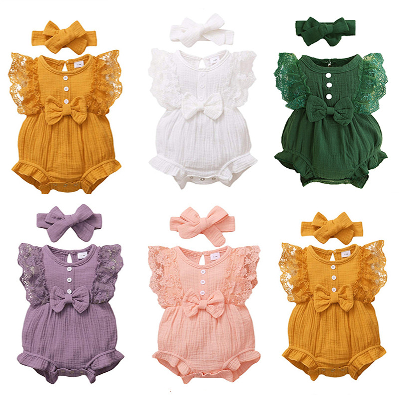 Ins European and American Foreign Trade Baby Girl Baby Candy Color Lace Bag Fart Romper Princess Dress Jumpsuit Hair Band Baby Clothes