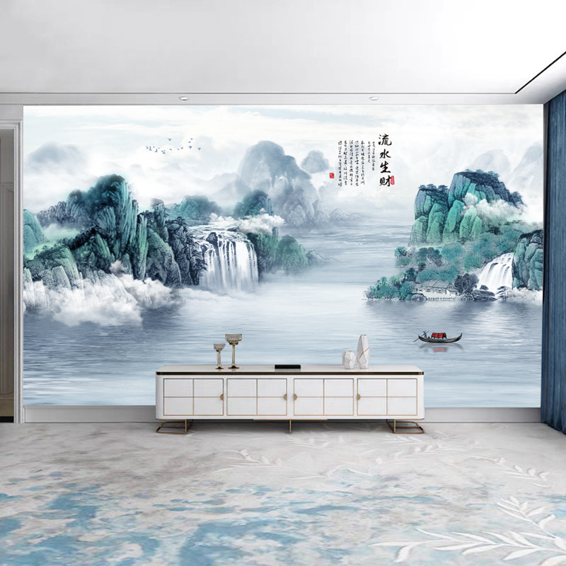 8d流水生财新中式山水电视背景墙壁纸壁画大气意境墙纸3d墙布