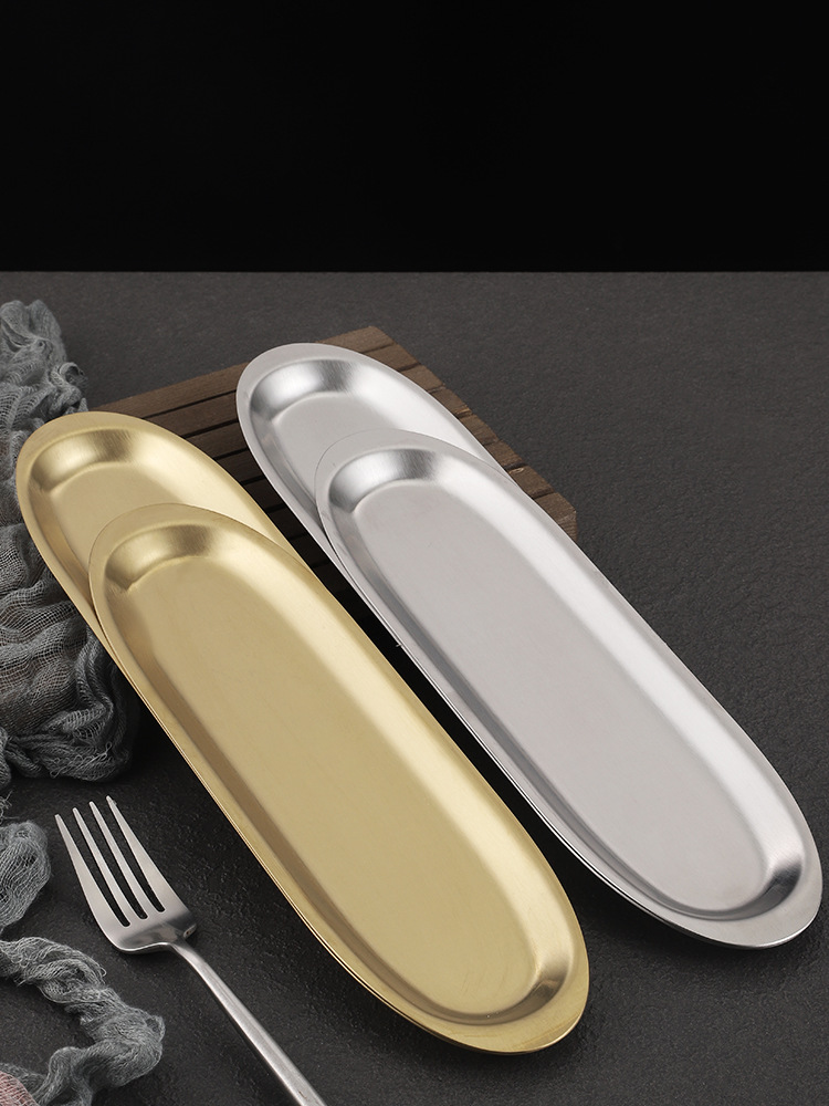 Featured Hotpot Restaurant Tableware Commercial Golden Stainless Steel Shrimp Slide Plate Beef Ball Long Bar Sushi Plate Barbecue Plate