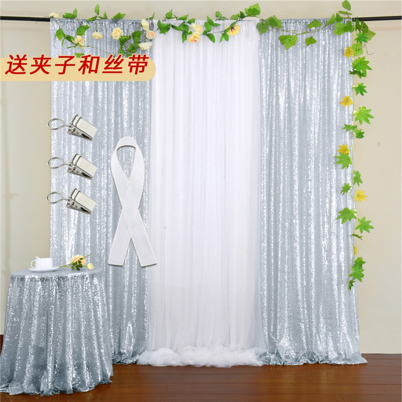 窗帘跨境亮片背景帘墙装饰圣诞节派对装饰欧美婚庆银色亮片背景布