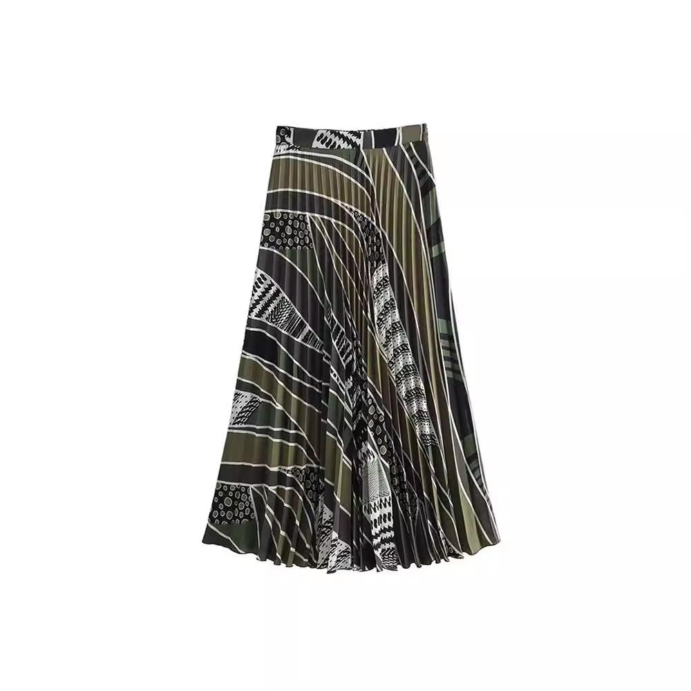 zadata女装欧美新款复古高腰显瘦a字半身裙印花迷笛百褶裙1165051