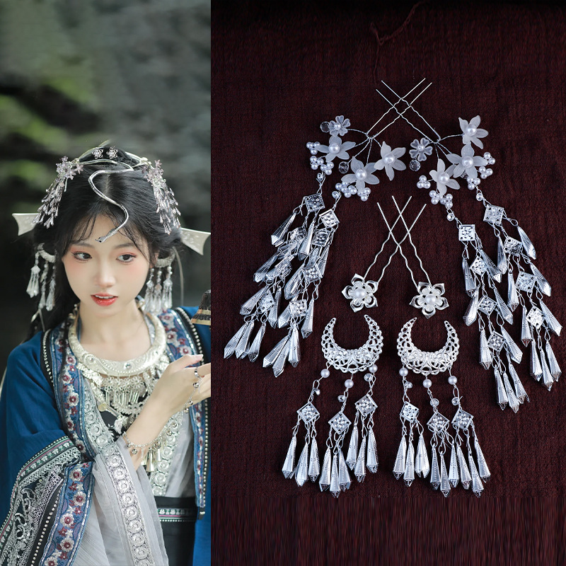 百搭日常旗袍饰品古风头饰苗银边步摇夹发钗古装发饰发夹流苏汉服
