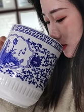 青花瓷茶杯中式复古釉下彩单杯办公杯家用大号带盖水杯商用