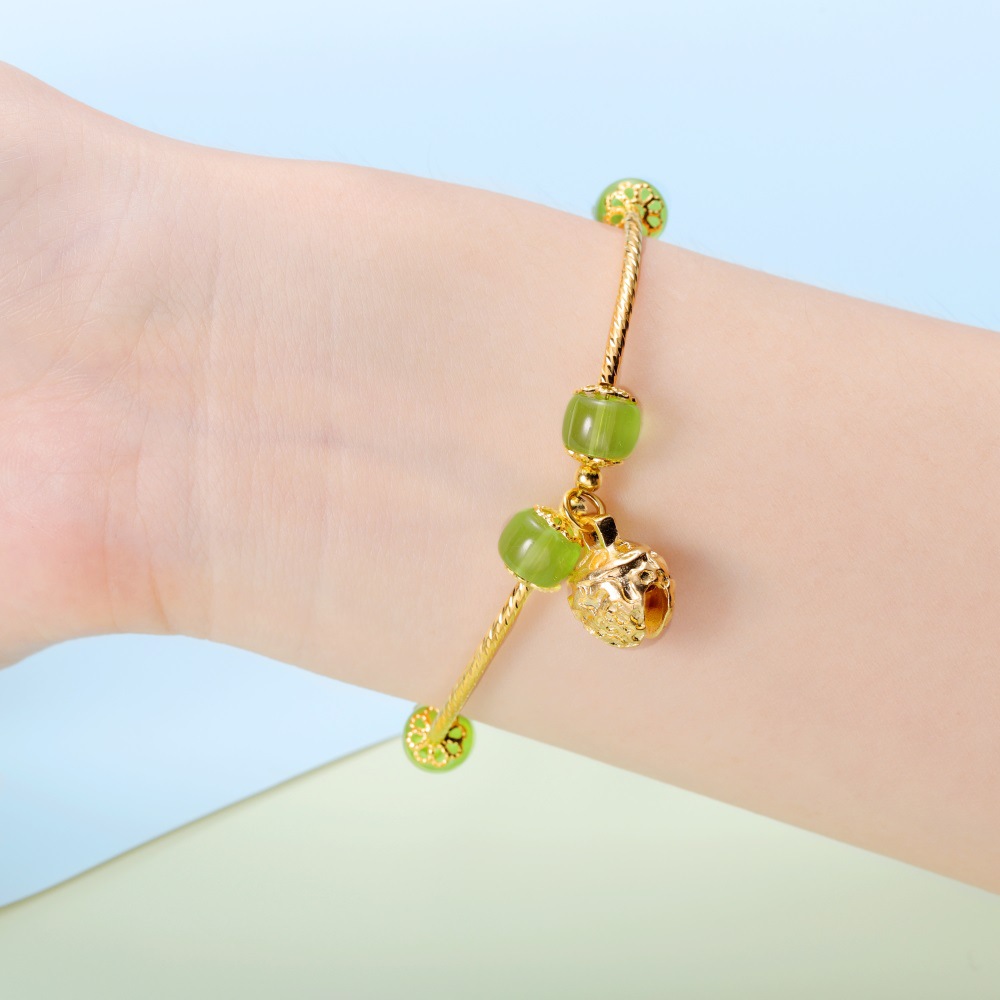 Tiktok National Style Gold Inlaid with Jade Vintage Court Design Inlaid Bracelet Hetian Jade Bell Agate Alloy Bracelet Bracelet