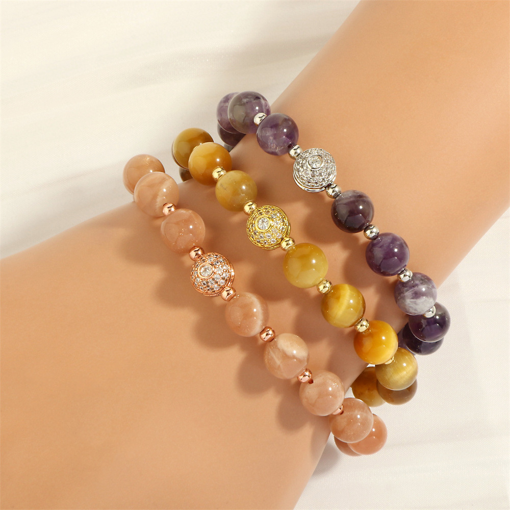 复古紫晶太阳石串珠编织手链女士小众简约微镶锆石拼接手串现货