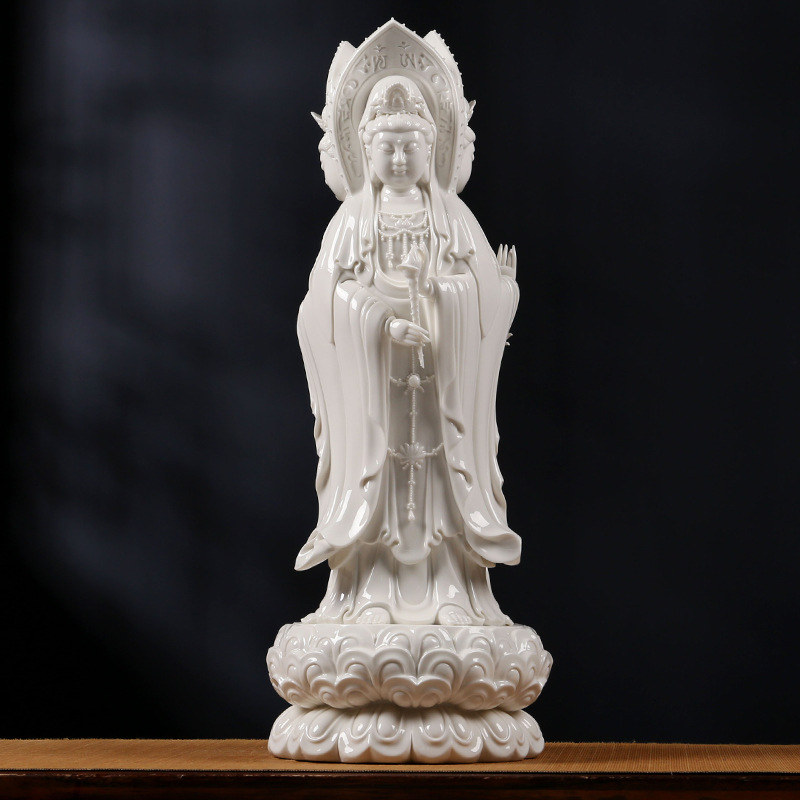 陶瓷南海三面观音佛像摆件白瓷观世音菩萨像家居风水供奉工艺品