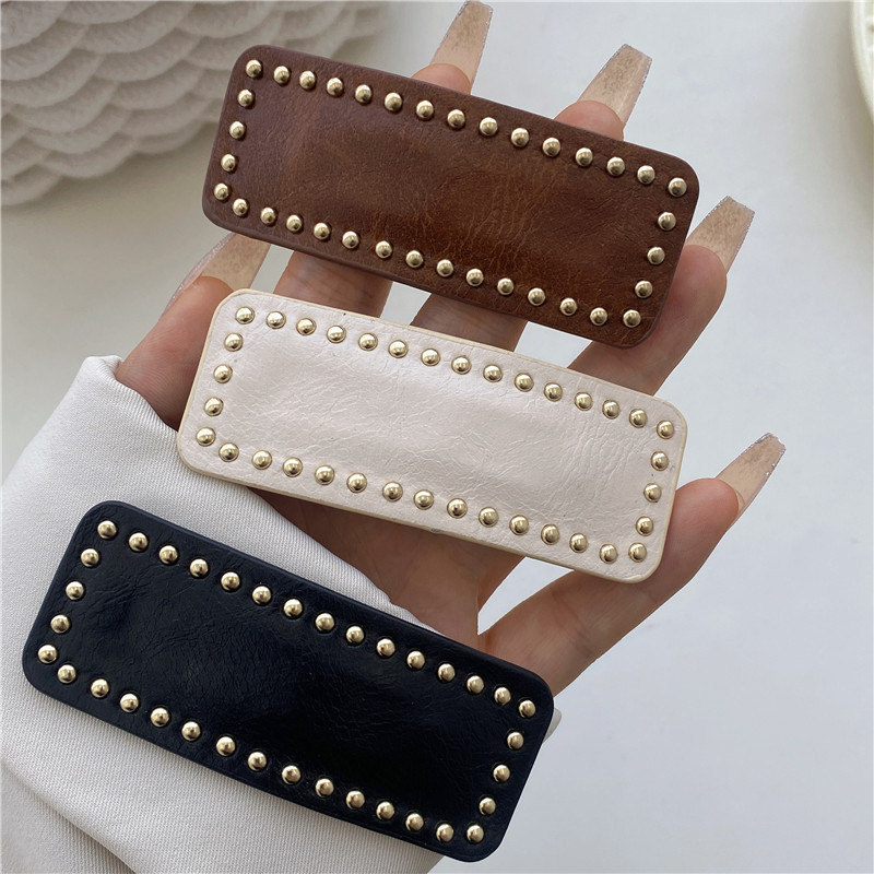 Yingmin Accessory Korean Style Retro Autumn and Winter Beaded Leather Solid Color Square BB Clip Simple Temperament Bangs Side Barrettes All-Match Hair Accessories