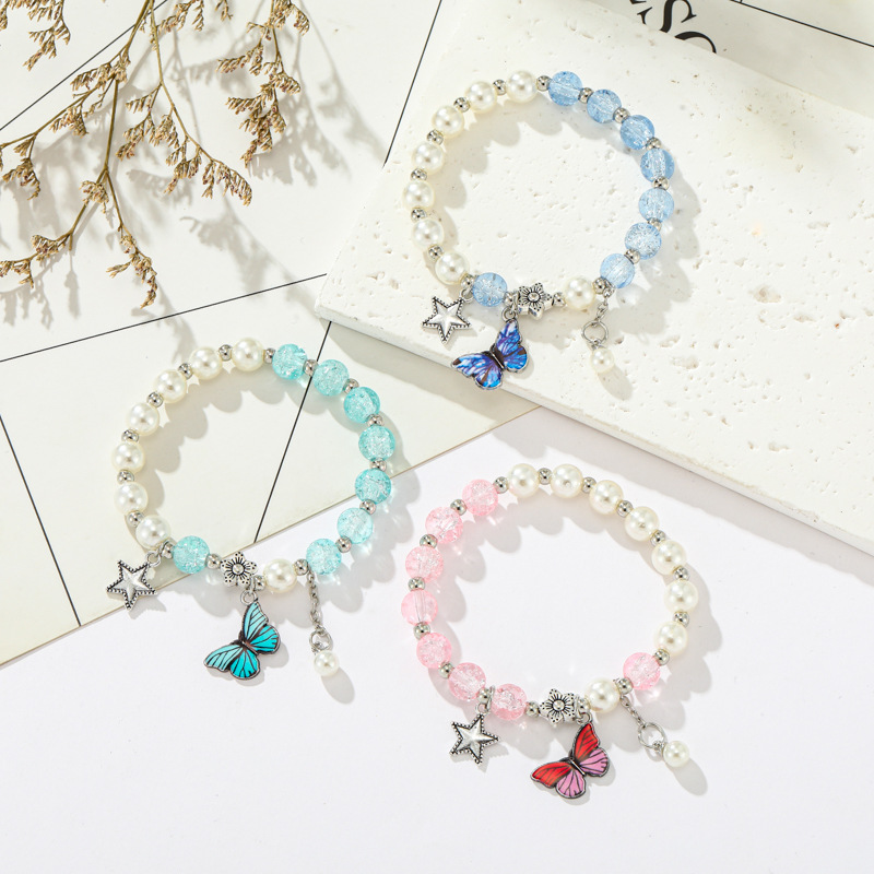 跨境新款珍珠爆花粉晶手链彩色蝴蝶五角星吊坠手串学生闺蜜饰品女