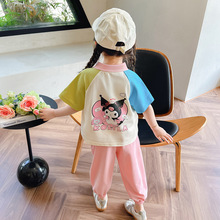 女童卡通拼色短袖套装2024夏季新款韩版两件套一件代发洋气童装潮