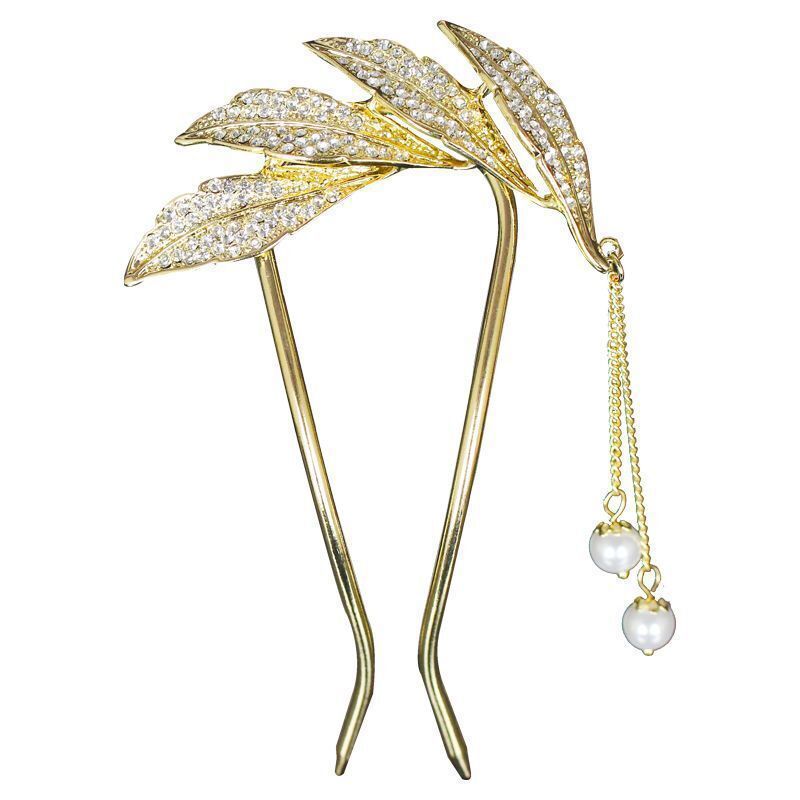 日韩ins羽毛发簪 u形珍珠簪子复古仙女发钗 水钻盘发器简约发卡女