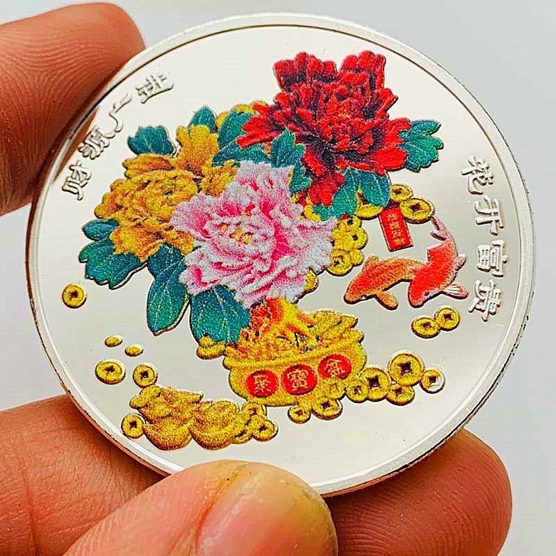 中国花开富贵镀金彩绘纪念章 百福金币硬币金币硬币摆件工艺币