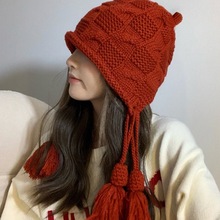 红色护耳帽子秋冬保暖国风流苏套头帽休闲手工针织护耳学生毛线帽