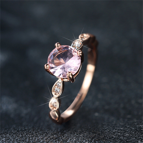 跨境shein速卖通新款圆形粉色玻璃边休闲潮流百搭白钻女士戒指