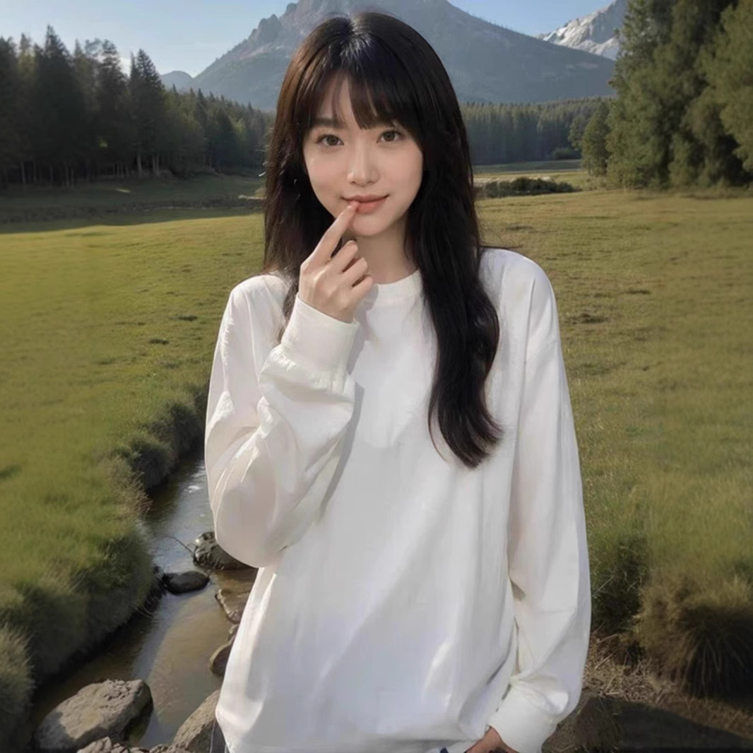 新疆棉纯白色长袖上衣400g重磅t恤女纯棉宽松打底衫初秋圆领内搭