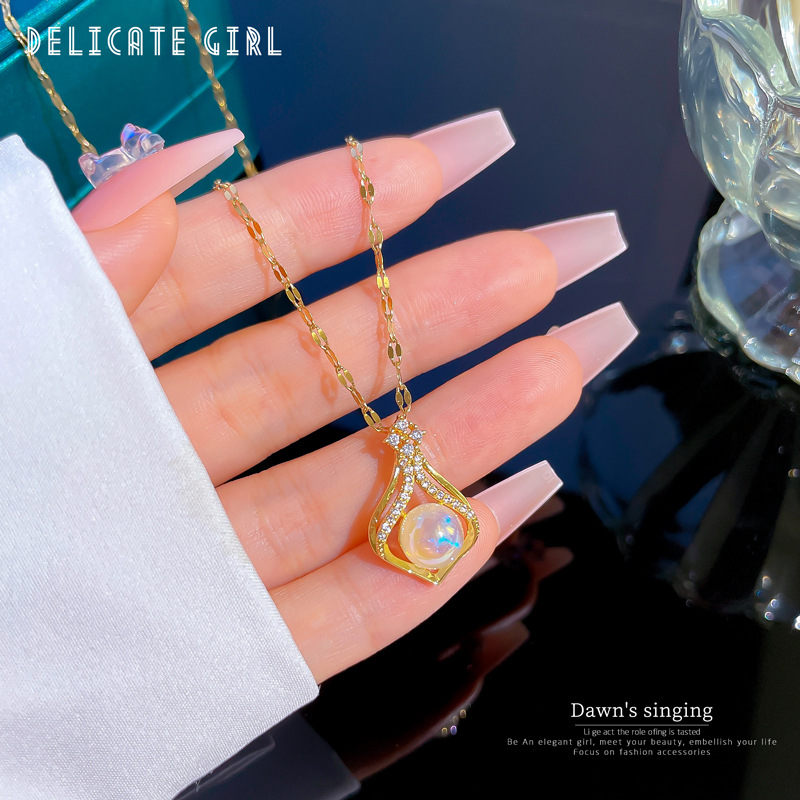 [Titanium Steel] Light Luxury Water Drop Mermaid Micro-Inlaid Real Gold Necklace Female Ins Online Influencer Clavicle Chain Ornament