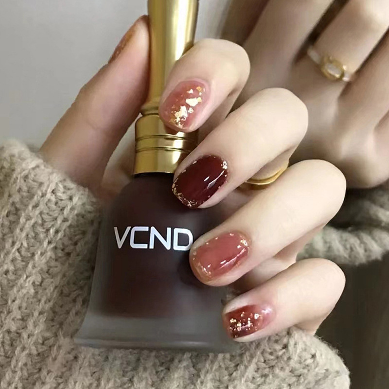 西柚红棕晕染穿戴甲片显白短款闪亮金箔美甲贴片时尚甜美假指甲