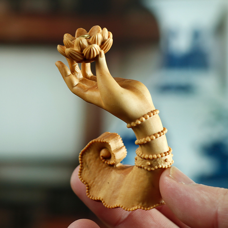 黄杨木雕手把件木质佛手莲花香插摆件茶道香道禅艺家居饰品工艺品