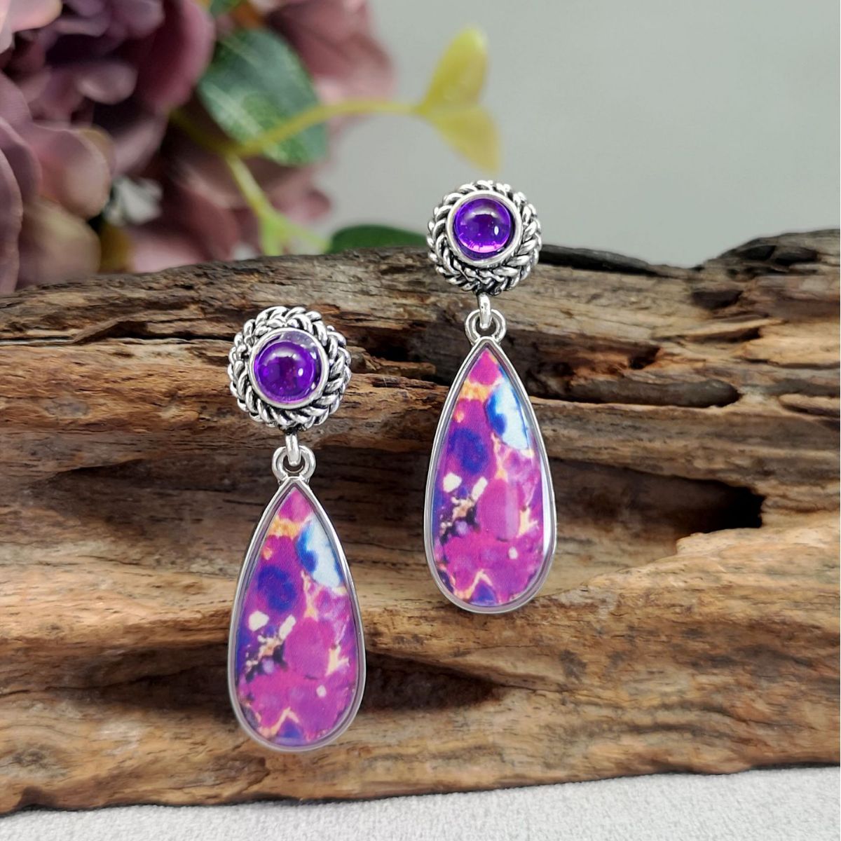 Cross-Border Hot Sale Artistic Retro Style Natural Drop-Shaped Purple Opalescence Inlaid Gemstone Women's Light Luxury Earrings