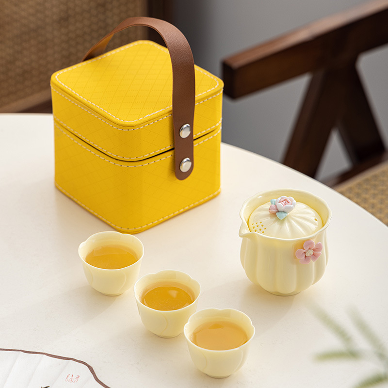 hand pinch flower one pot fills three cups quick cup ladies travel tea set personal gem yellow outdoor portable beige fixed logo