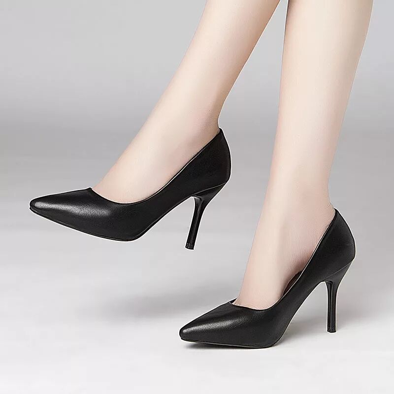 . One Piece Dropshipping Soft Leather Work Shoes Women's Stiletto Heel Hotel Shallow Mouth Pumps Mid Heel Pointed Women's Leather