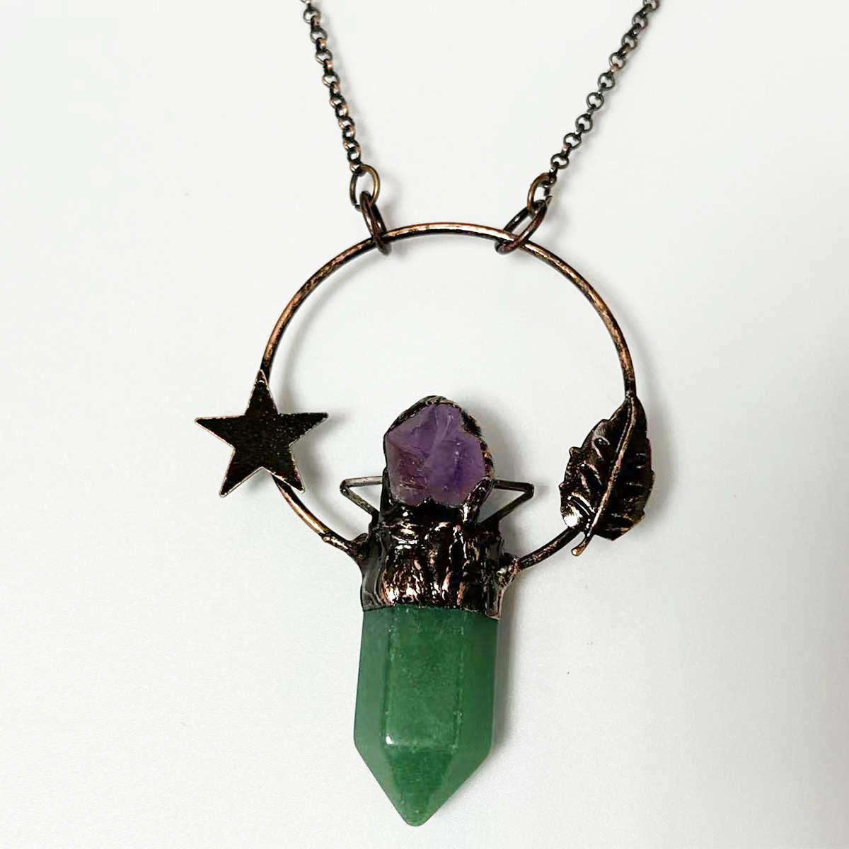 跨境复古风天然紫水晶石六角柱吊坠项链古铜色树叶星星吊坠-阿里巴巴
