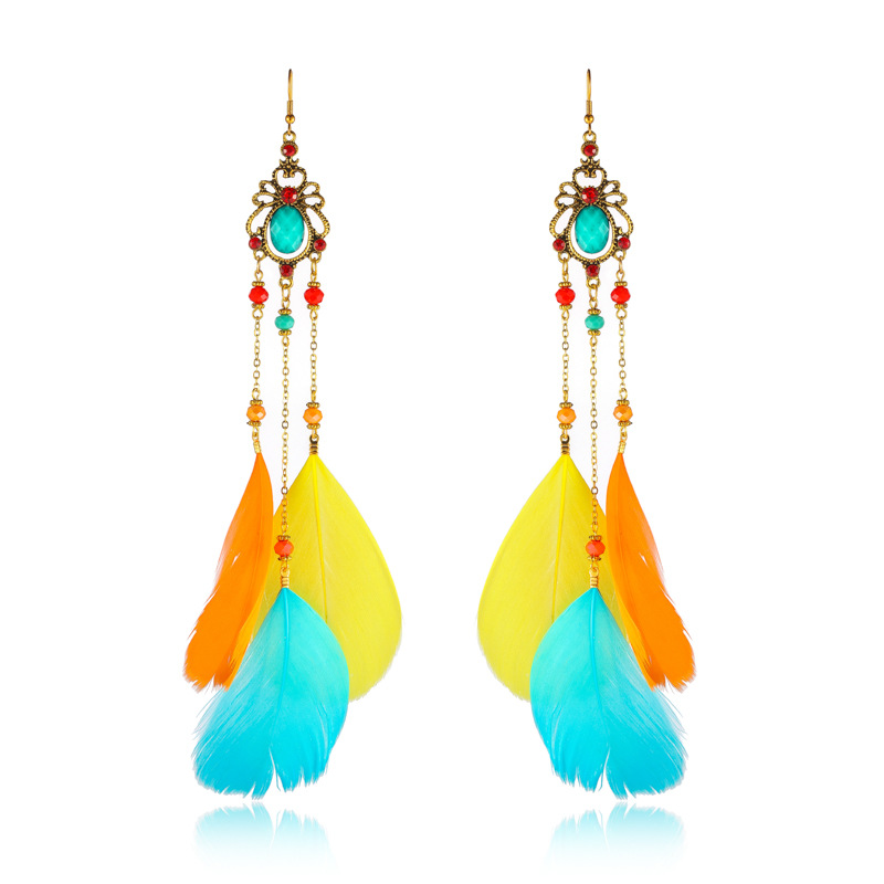 New Copper Chain Crystal Long Feather Earrings Yunnan Tourist Attractions Earrings Jewelry Wholesale Retro Style Earrings