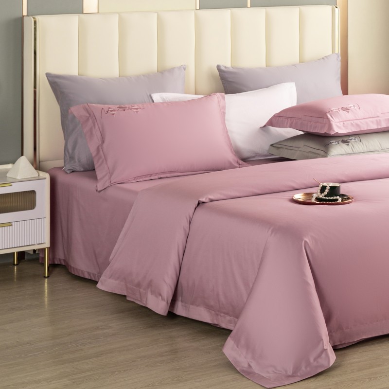 怡莲60支优质长绒棉四件套缎纹高端素色四季通用嫩粉色-1.