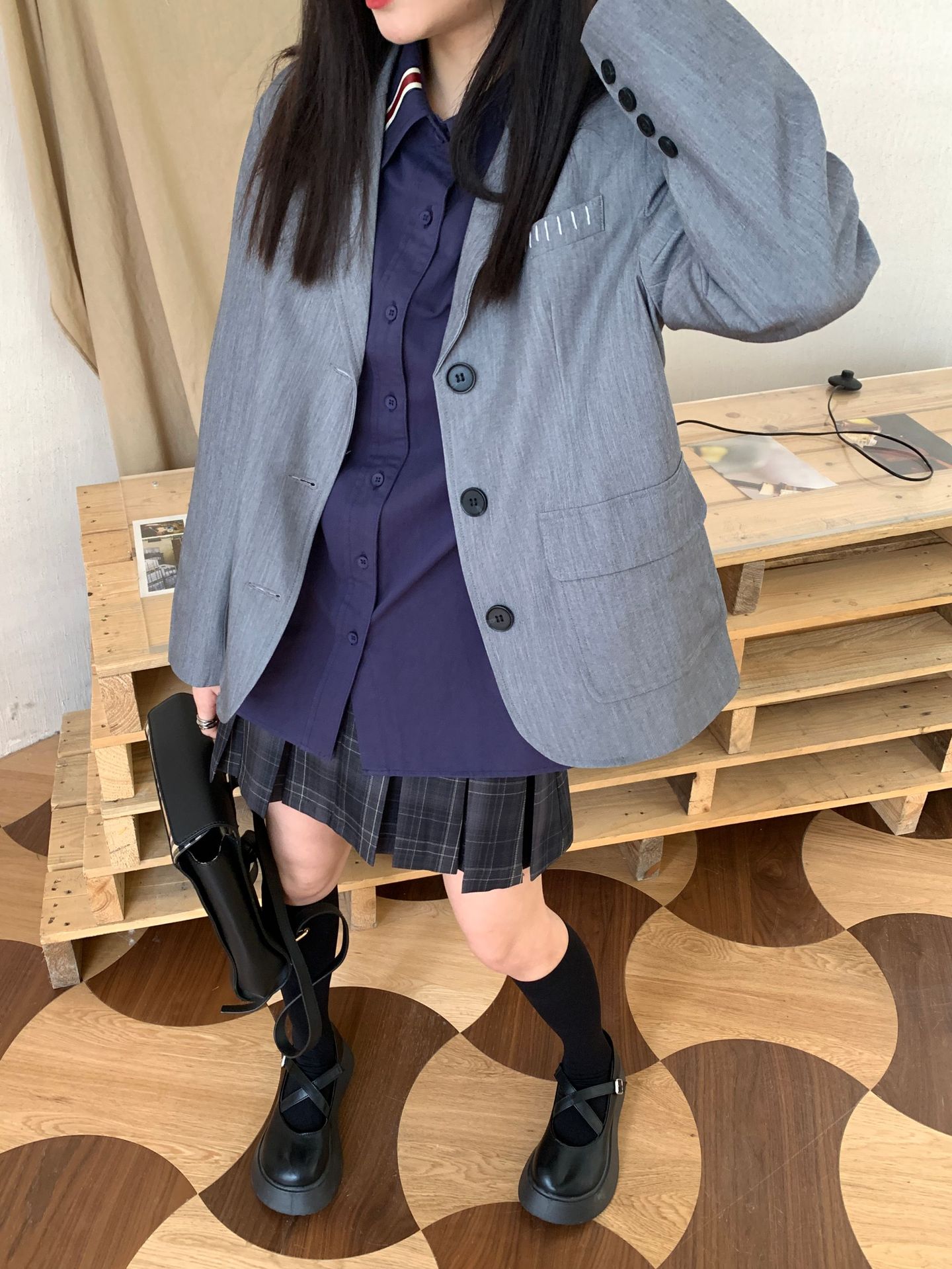 一沫制衣/高腰显瘦黑色黑色格纹百褶裙jk短裙辣妹半身裙q5434