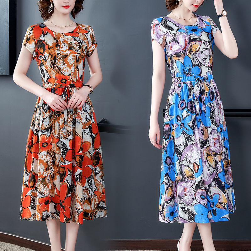 民族风韩版印花连衣裙女2022夏季新款时尚妈妈遮肚洋气碎花裙子