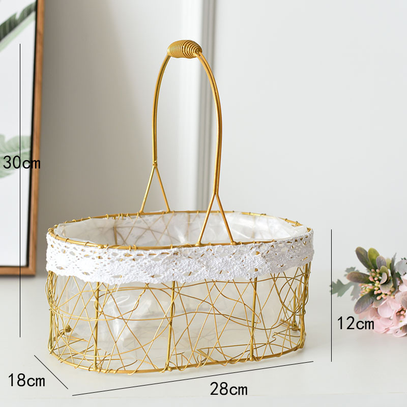 L Large Rectangular Golden Iron Mesh Flower Basket Hand-Carrying Knitting Mixing Hand Gift Fruit Storage Basket Portable Basket Picnic Basket