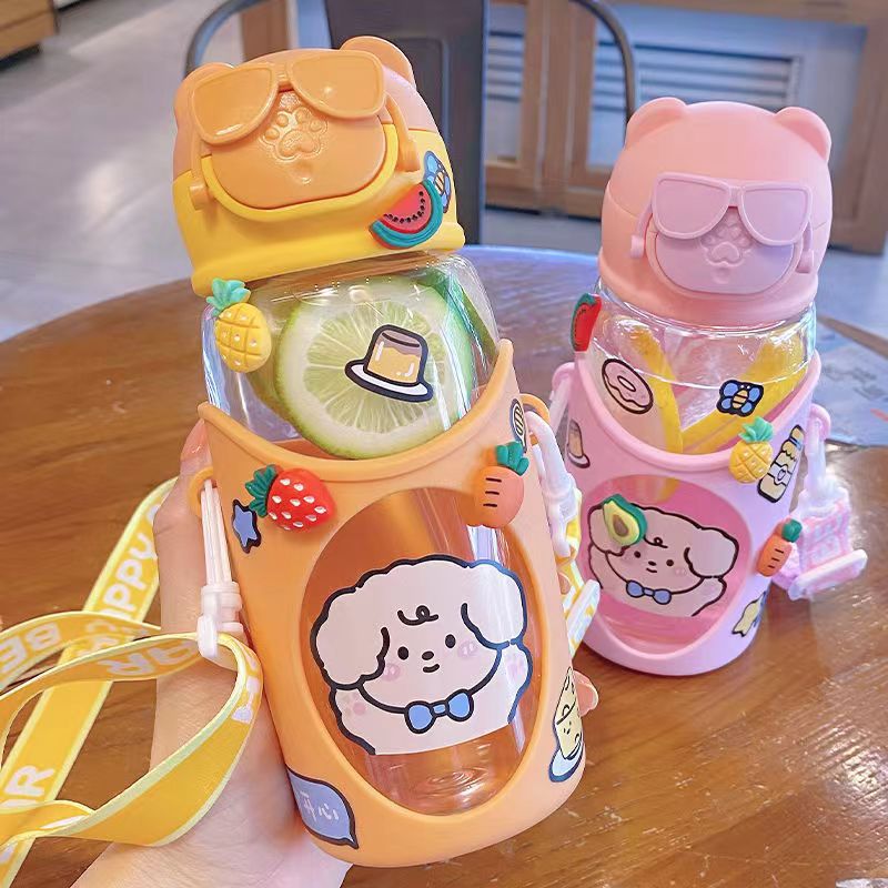 2023 New Cute Cartoon Children's Straw Plastic Cup Can Drink Directly Student Portable Glasses Bear Cup