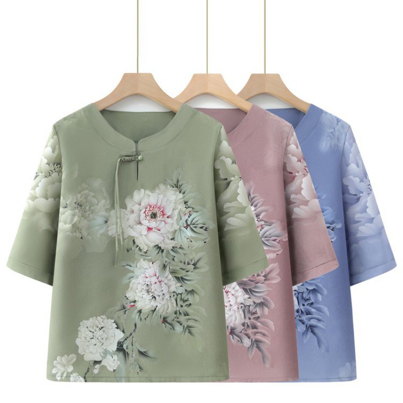 奶奶夏装短袖衬衫套装中老年人女装妈妈上衣真丝衬衣老人衣服太太