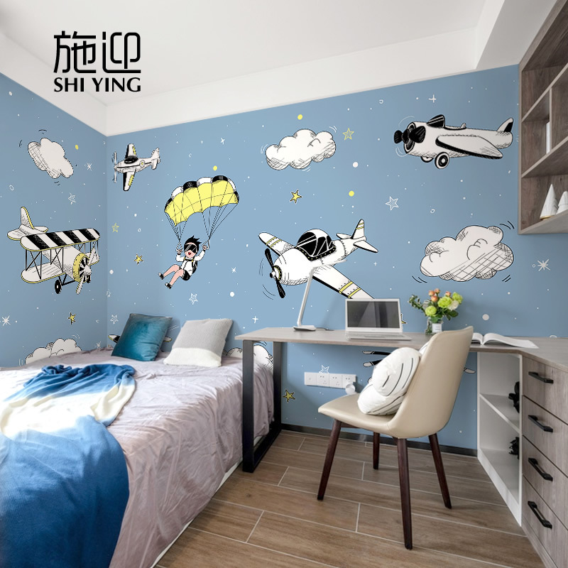 儿童房壁布飞机墙纸简约男孩女孩环保卧室床头背景墙布蓝色壁画6d