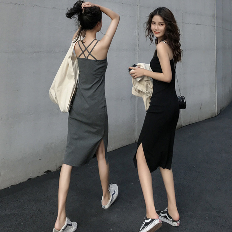 mid-length strap dress for outer wear summer 2024 new women‘s split temperament slimming inner base skirt