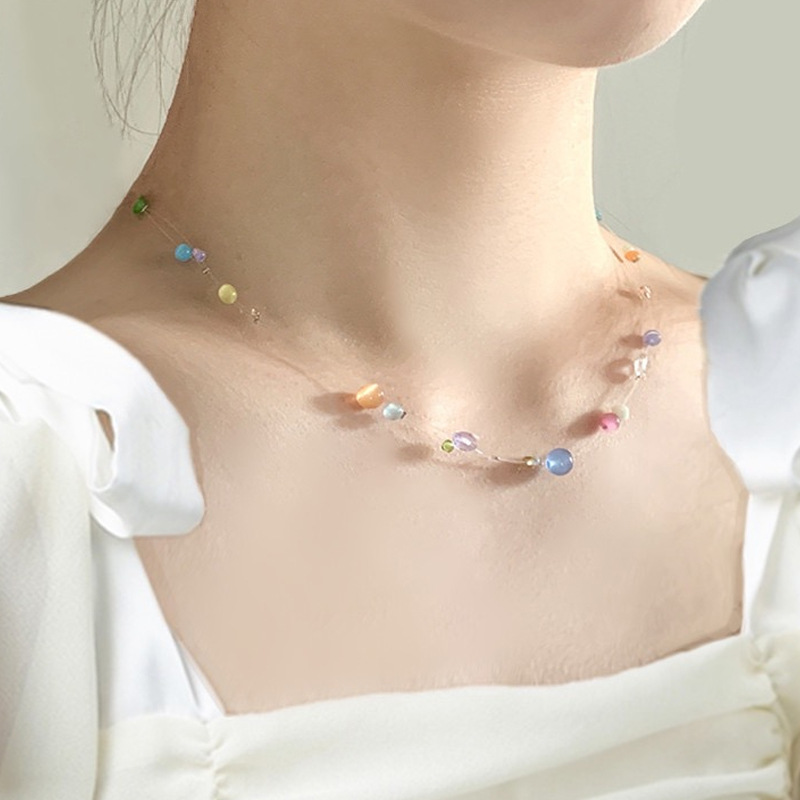 summer bohemian dopamine girl fish line opal color candy color beaded gentle clavicle necklace