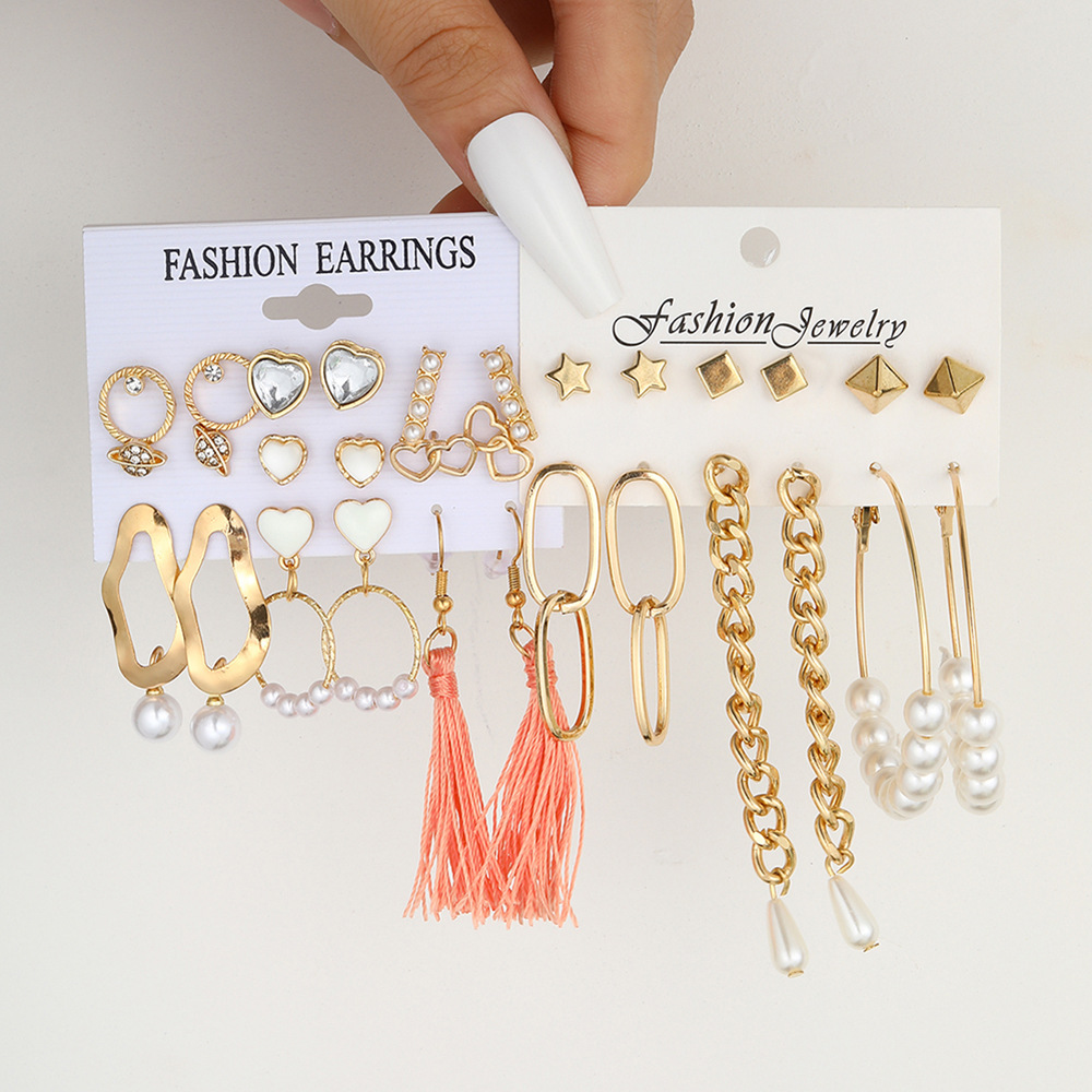 Foreign Trade Europe and America Cross Border Ornament Female Personality Ins Love Pearl Tassel Earrings Nine Pairs Set Earring Set