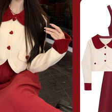 秋冬茶系穿搭一整套龙年2024新年战袍新中式过年红色套装连衣裙子
