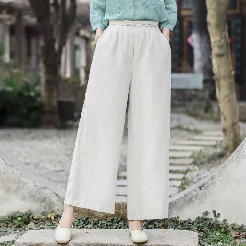 亚麻松紧腰阔腿裤休闲宽松直筒裤盘扣棉麻裤子2022年新款夏季女裤