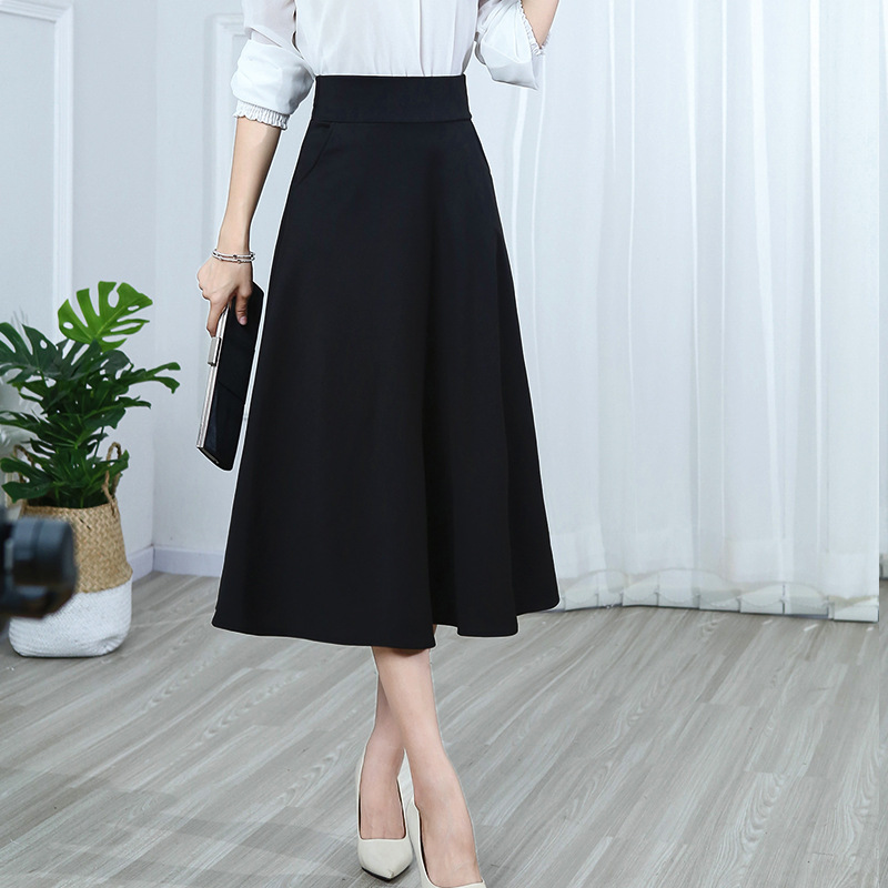 75cm新款夏季高腰百搭半身长裙锦纶纯色大码显瘦中长款a字伞裙女