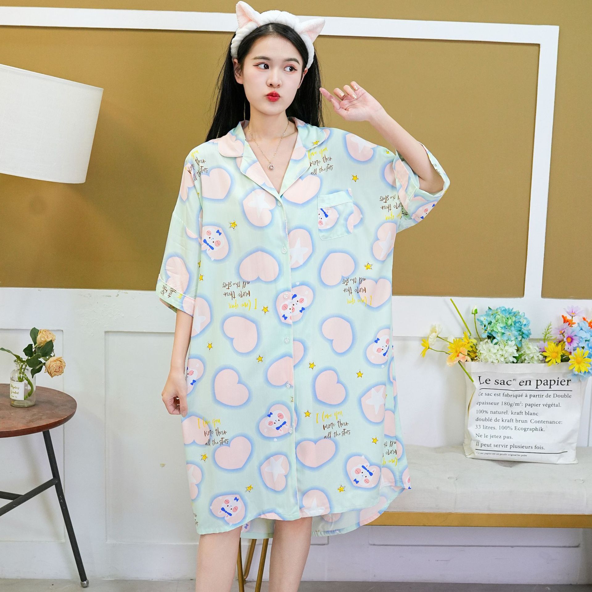 New Poplin Pajamas Women's Spring and Summer Korean Style Large Size Long Pyjamas Cardigan Half Sleeve Lapel Homewear