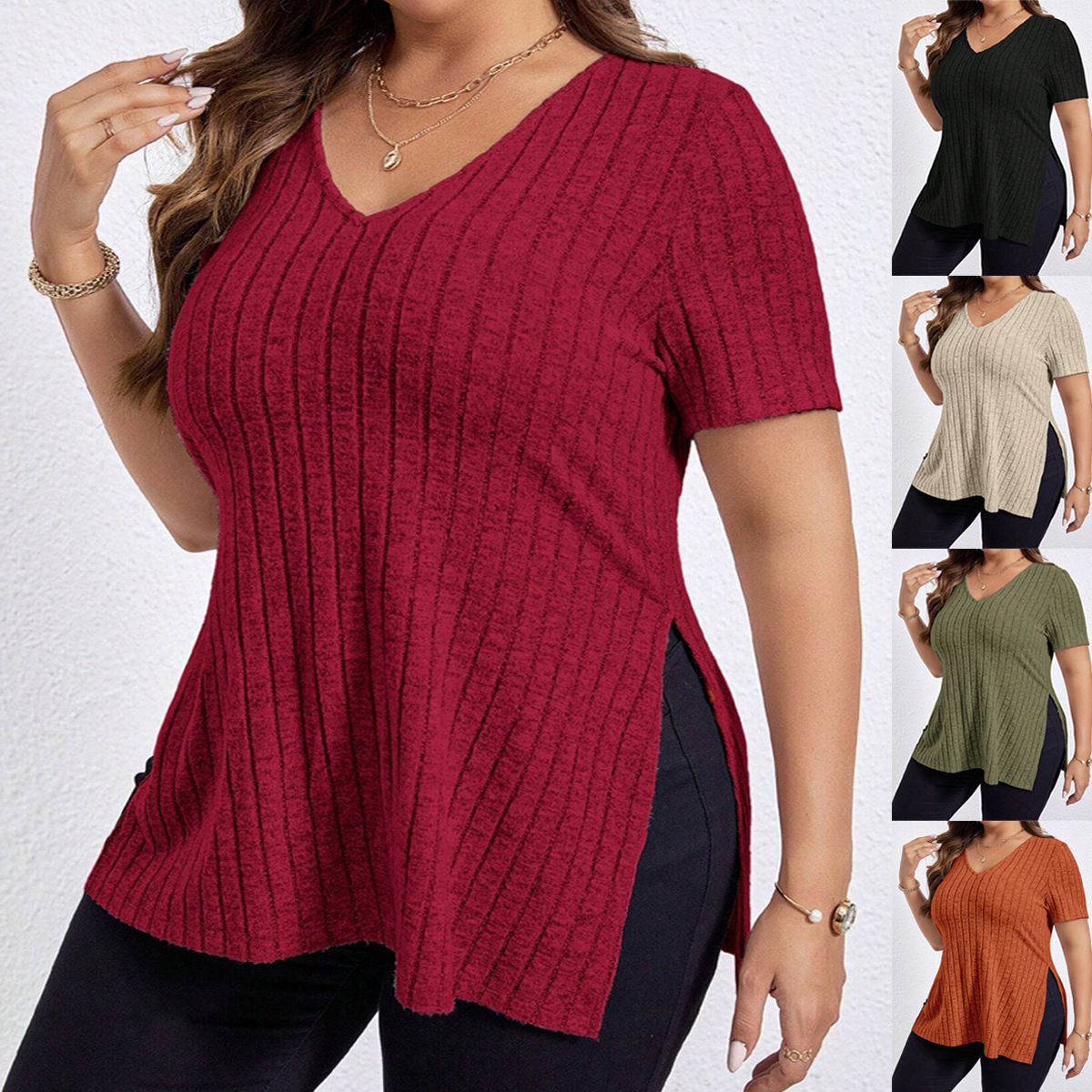 2024 Amazon Cross-Border Spring and Summer New Solid Color plus Size Women's Clothes Top V-neck Sunken Stripe Short Sleeve Split Pullover T-shirt