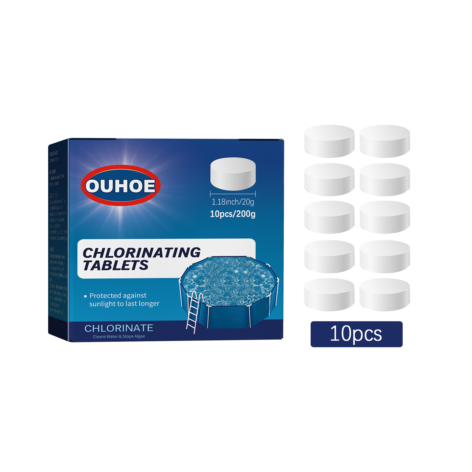 Ouhoe Swimming Pool Chloride Tablets Swimming Pool Water Quality Clarification Decontamination Deodorant Multi-Purpose Cleaning Effervescent Chlorine Tablets