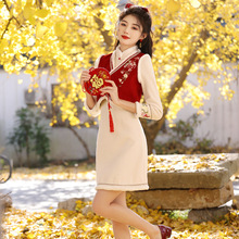 新中式女装中国风改良旗袍汉服冬季敬酒服红色连衣裙马甲套装秋冬
