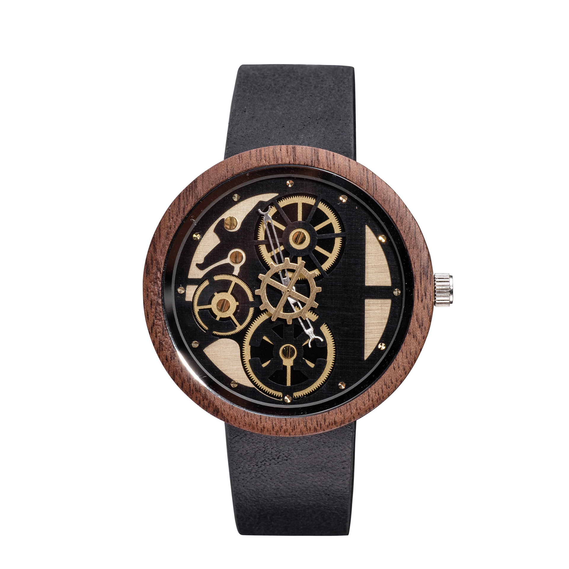 男士木质石英腕表跨境热销 牛皮针扣个性齿轮表盘木头腕表 代发