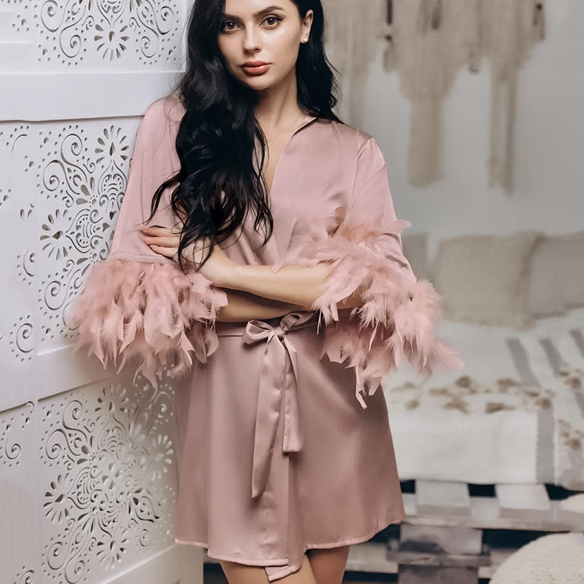 2023 Summer European and American Style Pajamas Pink Feather Short Nightgown Fashion Bridesmaid Dress Ostrich Feather Satin Home Wear for Women