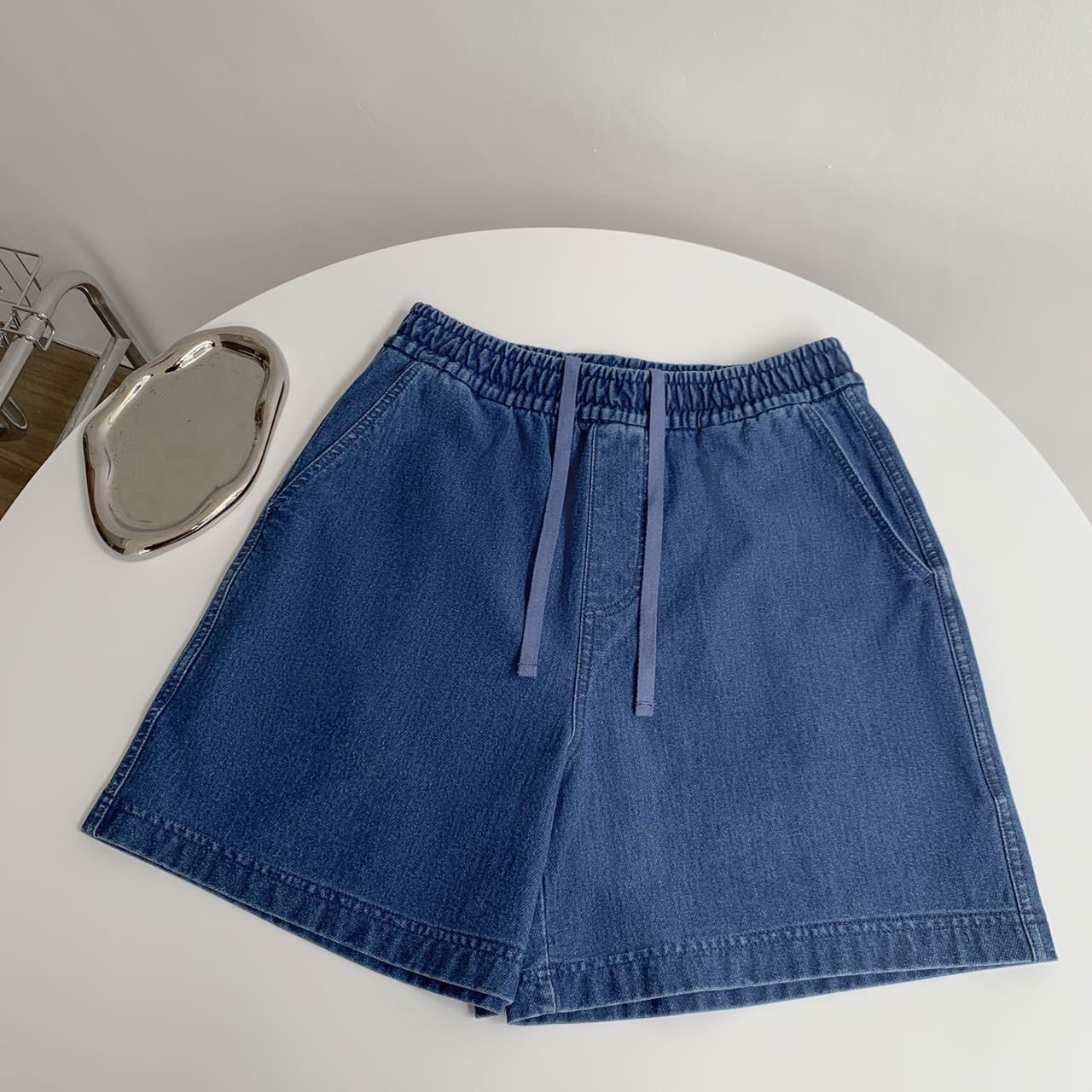 Washed Cotton Denim Short Women's 2023 Summer Thin Loose Slimming and All-Matching Drawstring Straight Wide Leg Casual Pants